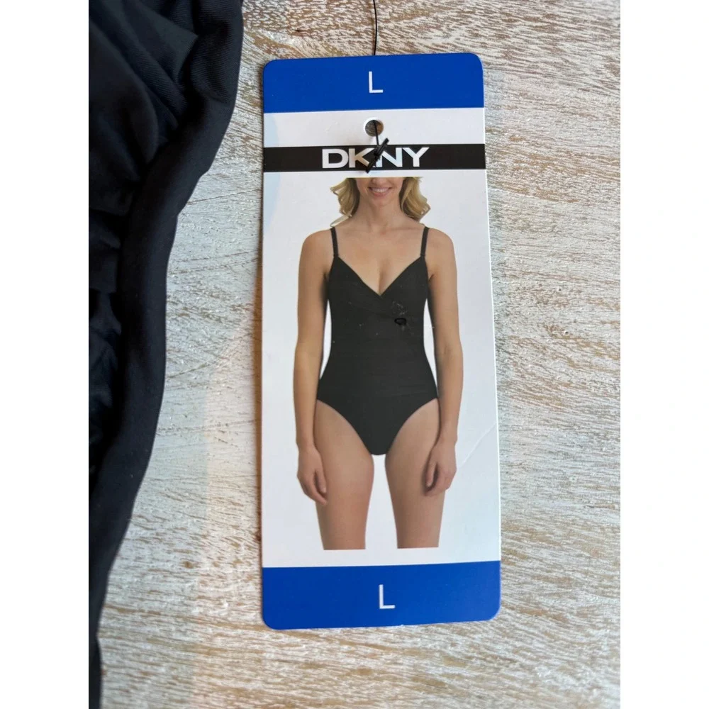NWT DKNY One Piece Swimsuit Women Large Black Ruched Wrap Front Tummy Control - Picture 3 of 7